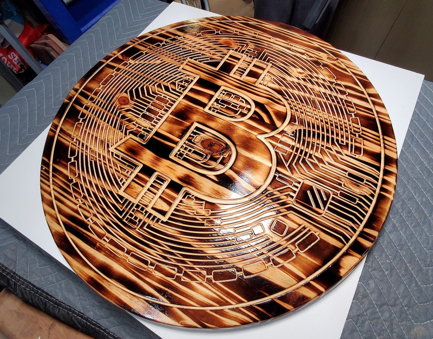 Burned pine Bitcoin round with shellac finish