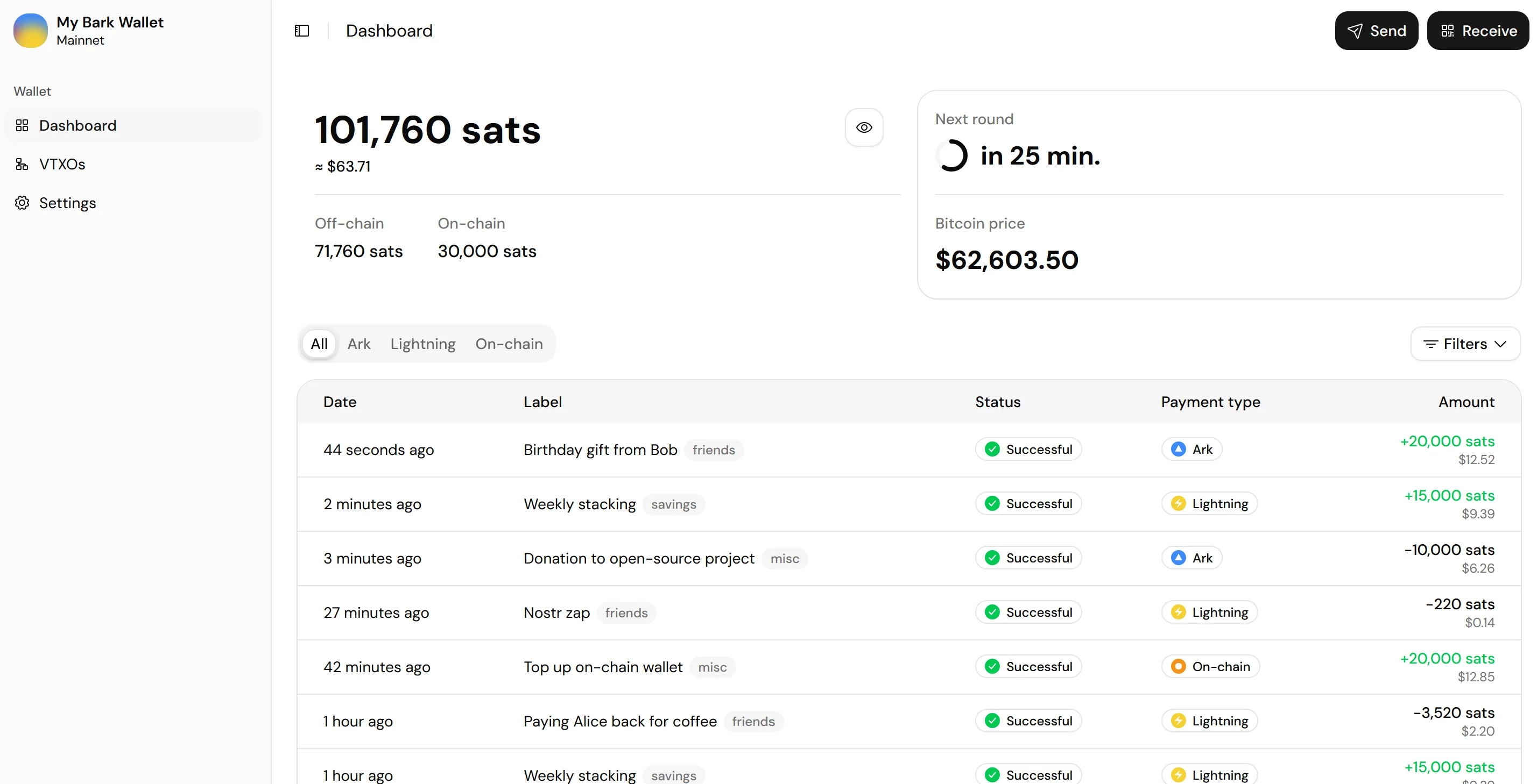 A Bark wallet dashboard showing a 101,760 sats balance split between off-chain and on-chain funds, a countdown to the next round, and a list of recent Ark, Lightning, and on-chain transactions