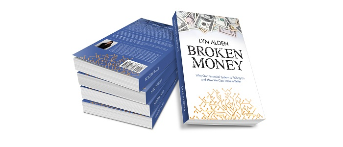 Hardcover copies of Lyn Alden’s Broken Money, showing the front and back cover