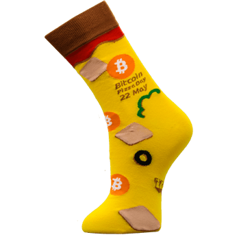Bitcoin Pizza Day crew socks in orange, green, black, and red