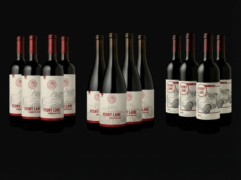 Several bottles of Peony Lane wine arranged against a dark background